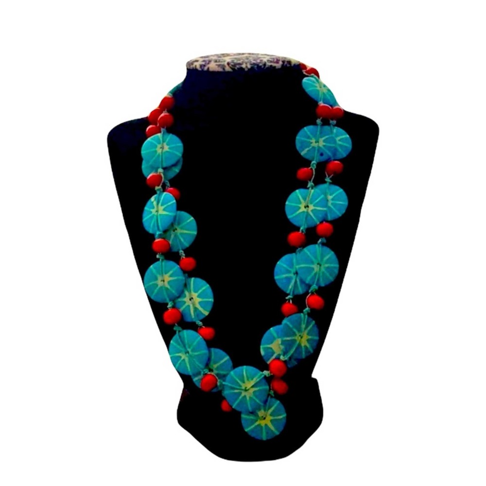 Handmade Vintage boho tropical layered necklace Wood beads discs turquoise red
